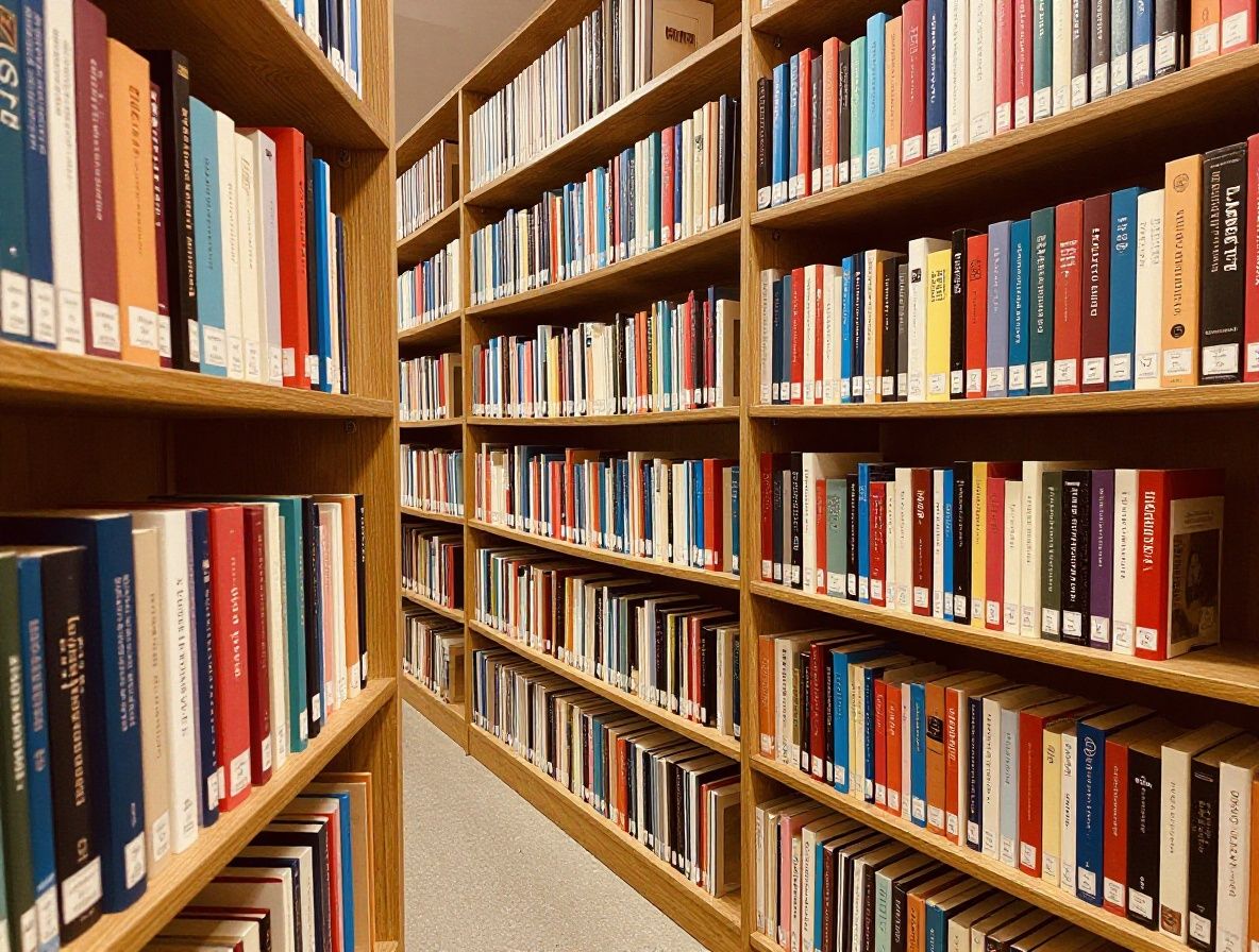 Biblioteka lub archiwum z rzędami książek, symbolizujące wiedzę i badania.