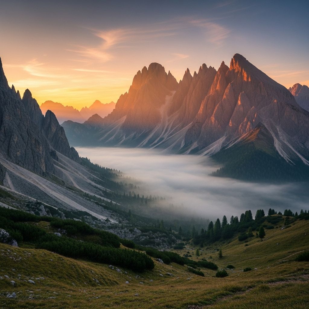 Spokojny krajobraz górski o wschodzie słońca z mgłą w dolinach, symbolizujący holistyczne podejście do zdrowia i naturalny rytm życia, ciepłe złote światło