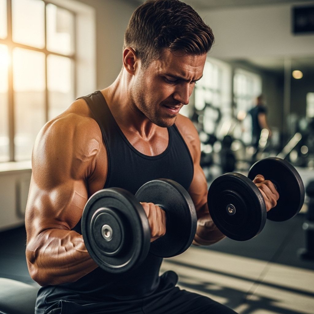 Mężczyzna wykonujący trening siłowy z hantlami w jasno oświetlonej siłowni, skupiony wyraz twarzy, naturalne ciepłe światło padające z okna