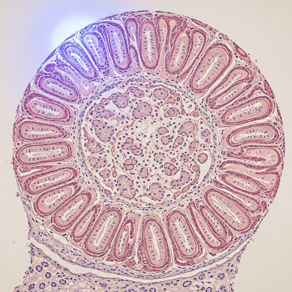 Abstrakcyjna wizualizacja układu pokarmowego — przekrój jelita z widocznymi strukturami tkanki, miękkie niebiesko-fioletowe oświetlenie laboratoryjne, naukowy klimat