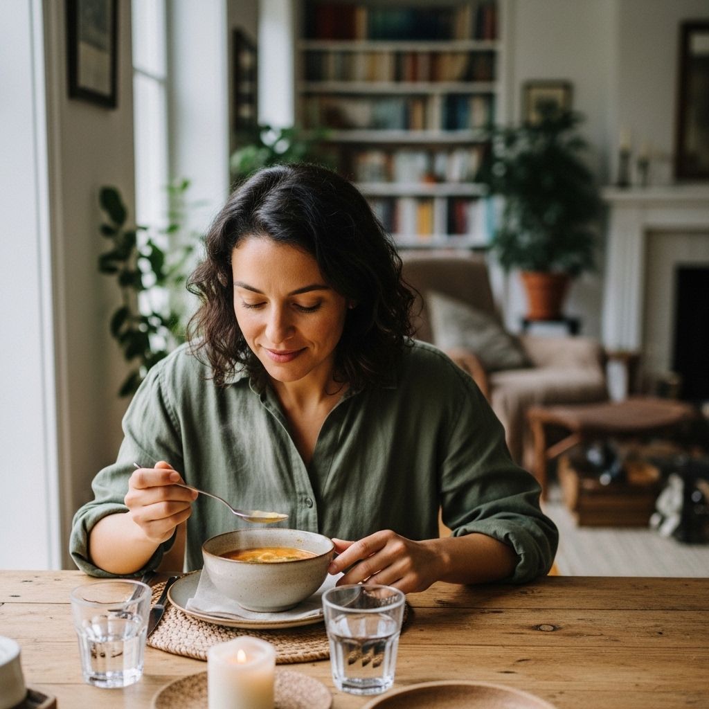 Kobieta siedząca przy stole i spokojnie jedząca posiłek, skupiony wyraz twarzy, naturalne światło dzienne, spokojne domowe otoczenie bez rozpraszaczy
