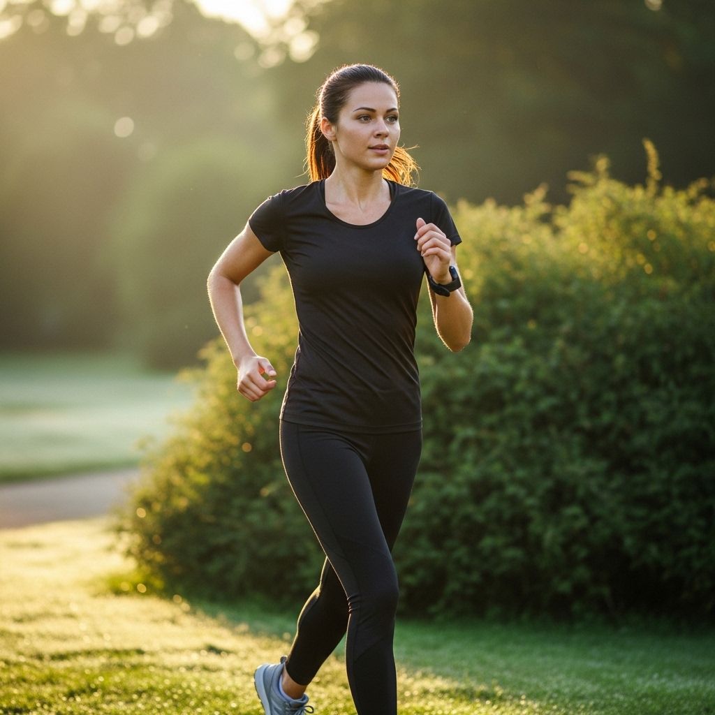 Aktywna kobieta biegnąca o świcie przez park z zielenią w tle, naturalne ciepłe światło poranka, skupienie na ruchu i wysiłku fizycznym
