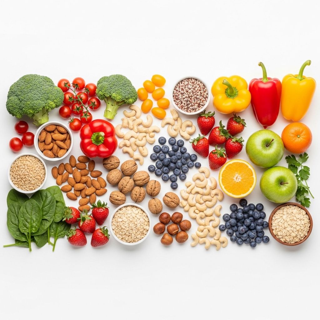 Zestaw zdrowych produktów spożywczych na białym tle: kolorowe warzywa, owoce, orzechy i ziarna – minimalistyczna kompozycja studiowa