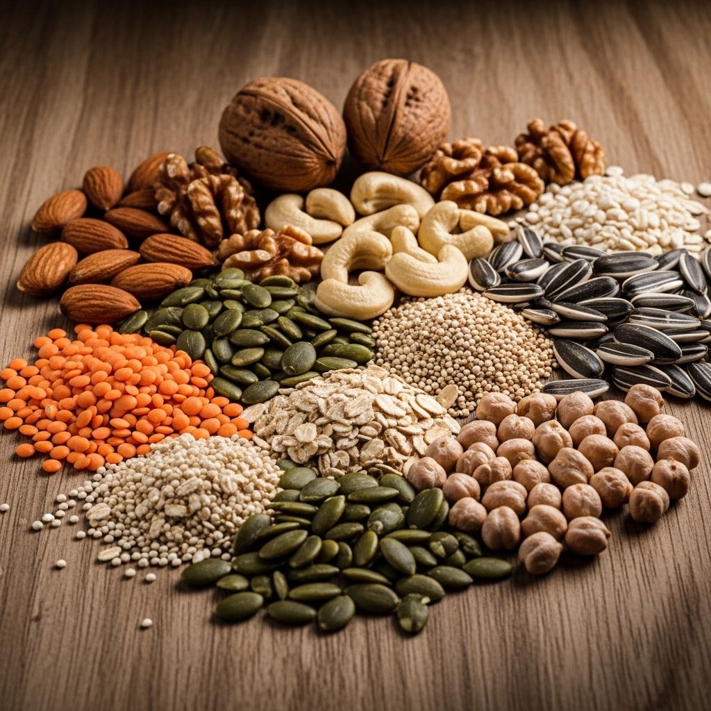 Naturalne składniki odżywcze – orzechy, nasiona, ziarna i warzywa strączkowe rozsypane na drewnianym blacie, kinematograficzne oświetlenie z boku podkreślające faktury